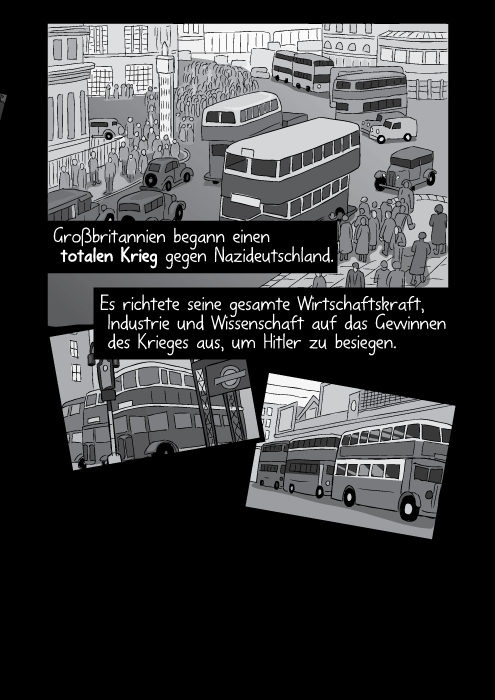 Großbritannien begann einen totalen Krieg gegen Nazideutschland. Es richtete seine gesamte Wirtschaftskraft, Industrie und Wissenschaft auf das Gewinnen des Krieges aus um Hitler zu besiegen.