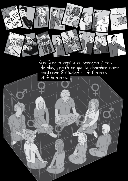 Ken Gergen répéta ce scénario 7 fois de plus, jusqu'à ce que la chambre noire contienne 8 étudiants : 4 femmes et 4 hommes.