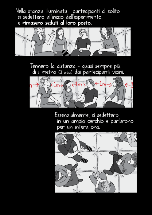 Nella stanza illuminata i partecipanti di solito si sedettero all'inizio dell'esperimento, e rimasero seduti al loro posto. Tennero la distanza – quasi sempre più di 1 metro (3 piedi) dai partecipanti vicini. Essenzialmente, si sedettero in un ampio cerchio e parlarono per un intera ora.