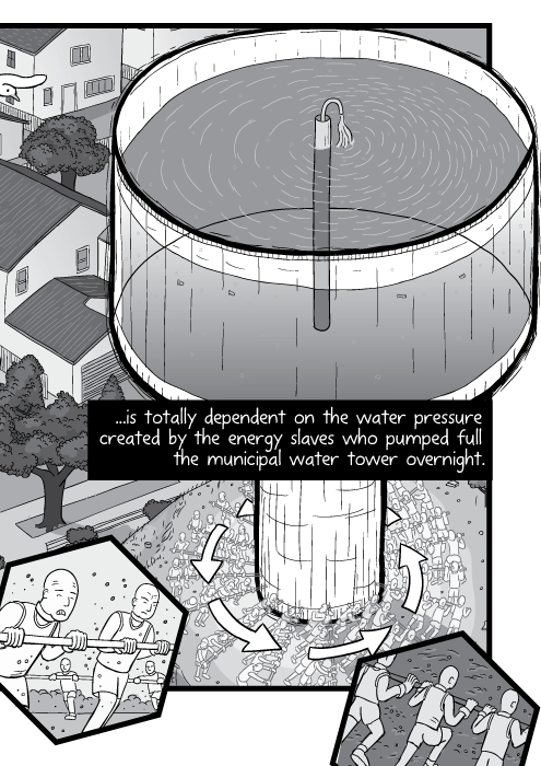 High angle aerial illustration of water tower on top of hill cross-section. ...is totally dependent on the water pressure created by the energy slaves who pumped full the municipal water tower overnight.