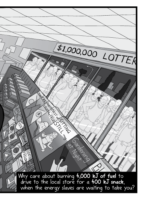 Dutch angle drawing of inside a 7-Eleven convenience store. Why care about burning 4,000 kJ of fuel to drive to the local store for a 400 kJ snack, when the energy slaves are waiting to take you?