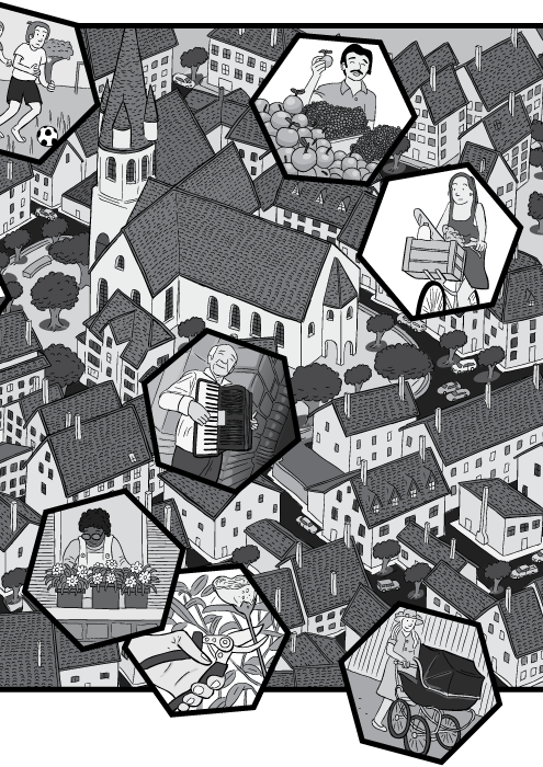 Aerial view of European city with church built into town centre. Black and white drawings of rooftops and buildings.