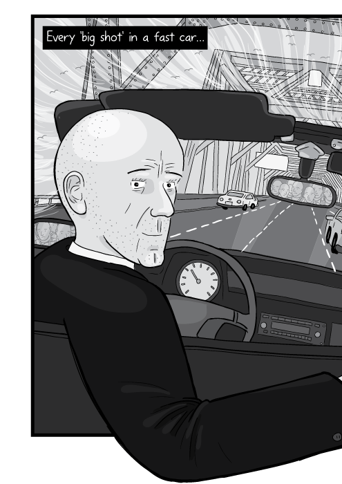 Cartoon man driving convertible sports car, looking over shoulder back towards the viewer. Every 'big shot' in a fast car…