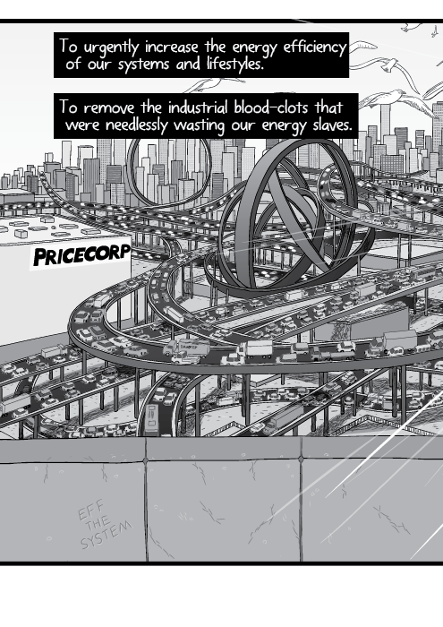 Cartoon high angle view of detailed, complicated expressway system. A criss-cross of expressways, motorways and highways overlapping. To urgently increase the energy efficiency of our systems and lifestyles. To remove the industrial blood-clots that were needlessly wasting our energy slaves.