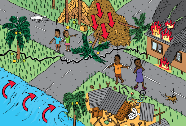 Colour cartoon isometric earthquake, tsunami, landslide. High angle of village affected by earthquake.