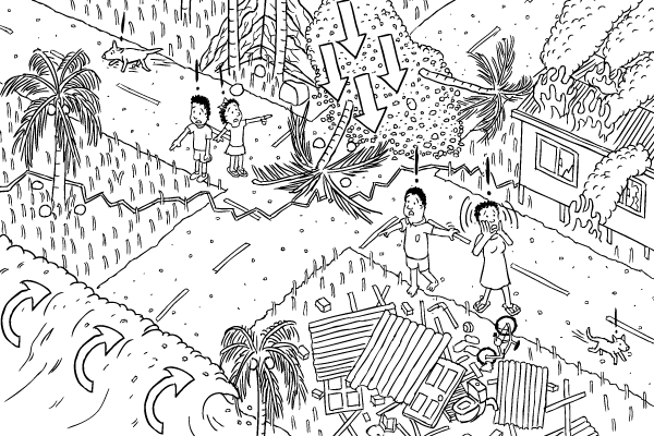 Black and white cartoon isometric earthquake, tsunami, landslide. High angle of village affected by earthquake.