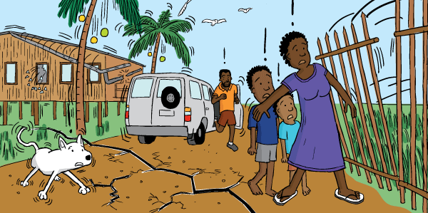 Cartoon woman in earthquake at risk of being crushed by debris. Sheltering children from falling fence.
