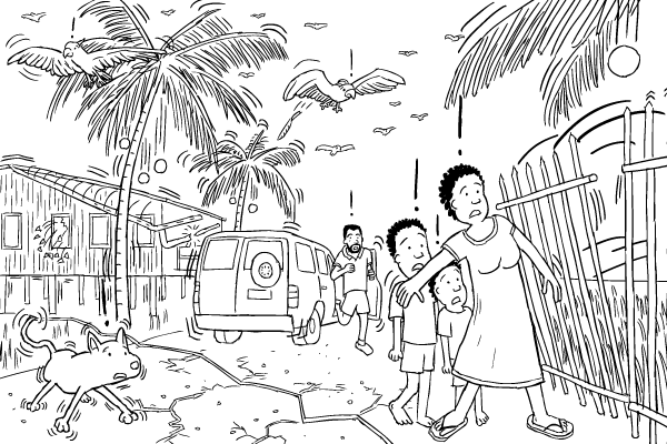Black and white drawing. Cartoon street affected by earthquake. Worried people, falling fence, fault line.