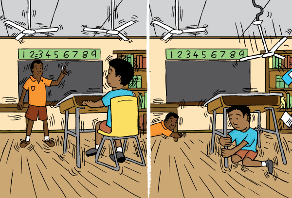 Cartoon classroom in earthquake. Student under desk drawing. Falling ceiling fans.