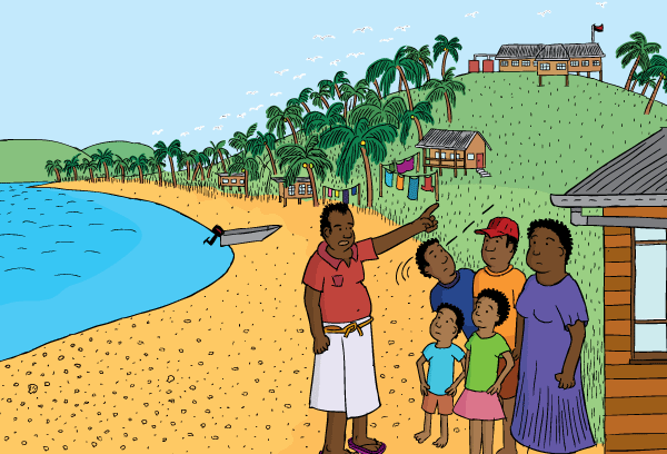 Cartoon tropical beach. Deciding an evacuation plan for earthquakes and tsunami.