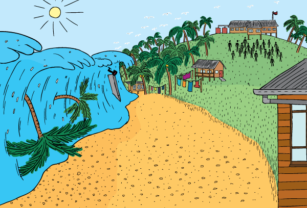 Cartoon tsunami coming towards tropical beach. Trees being carried in waves.