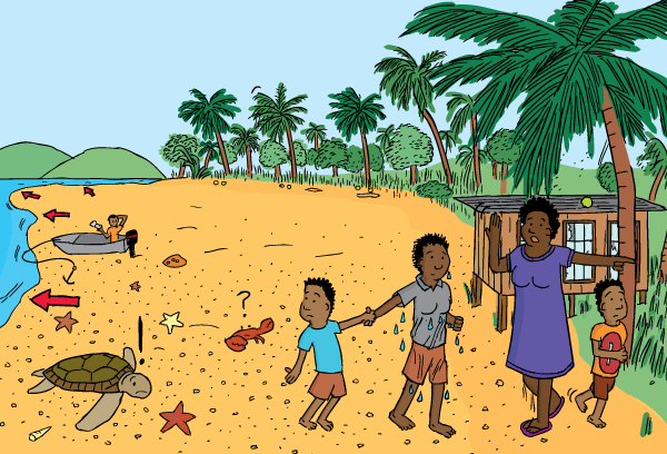 Cartoon people evacuating beach. Drawing of beach drawback before tsunami. Receded water reveals sand.