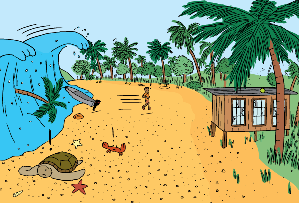 Tsunami drawing. Breaking wave onto drawback beach cartoon.