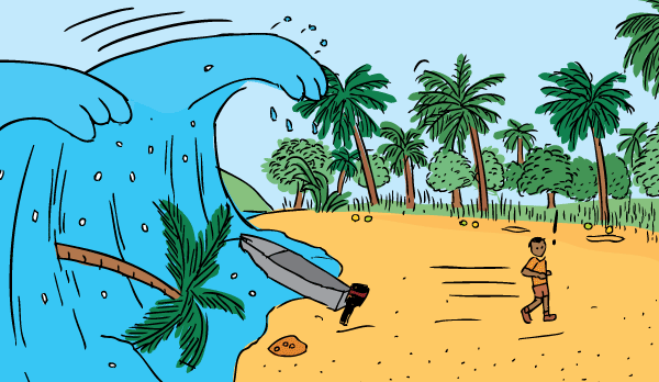 Cartoon man running away from tsuami. Drawing of tidal wave carrying debris.