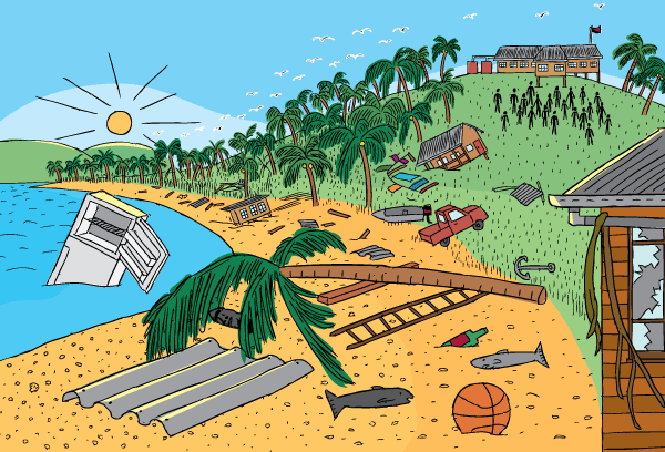 Cartoon tsunami debris on beach after wave. Destruction trees, corrugated iron.