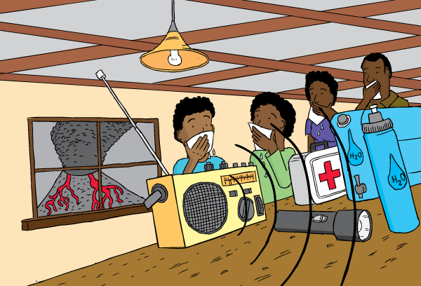 Low angle family listening to radio during volcano. Covering mouths with moist rags.