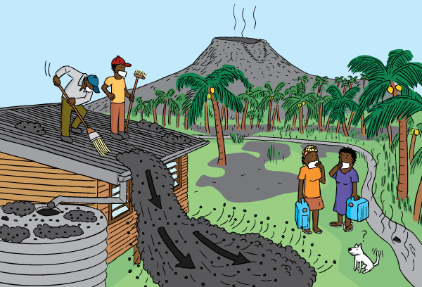 Cartoon cleaning up after volcano. Drawing of people sweeping ash from house roof after volcano. Tropical island illustration.