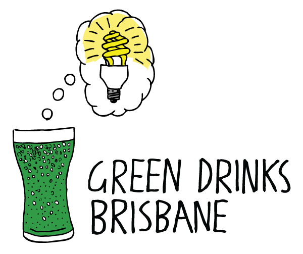 Green Drinks Brisbane logo. Cartoon green beer with light bulb drawing.