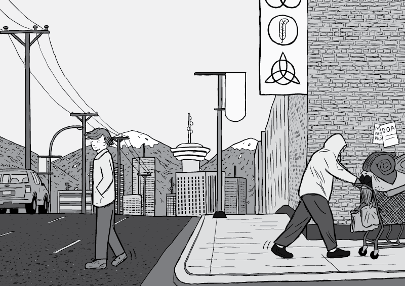 Black and white cartoon of Vancouver skyline. Cartoon man crossing the road, drawing of homeless man pushing shopping cart. Mountains and Harbour Centre in the background.