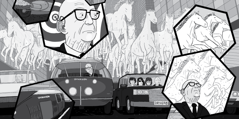 Buckminster Fuller cartoon inside hexagon panels. Stuck in traffic illustration, with horses floating in air above Dymaxion Car.