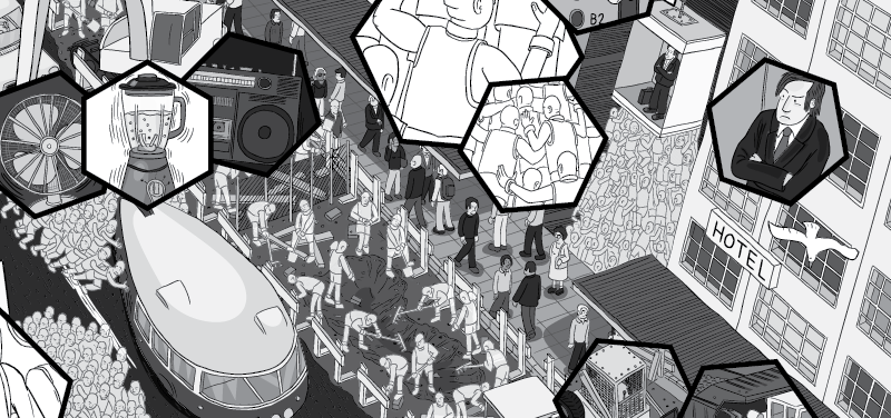 Complicated, detailed high angle cartoon of downtown city traffic jam. Aerial view of city streetscape from above.