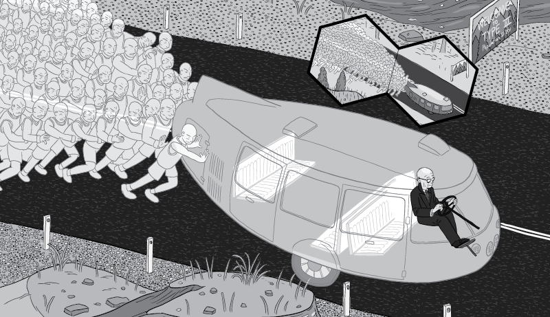 Cartoon Dymaxion Car cross section. Transparent Dymaxion vehicle with cartoon Buckminster Fuller sitting inside.