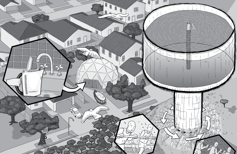 High angle view of water tower on hilltop. Cross-section showing water inside water tower.