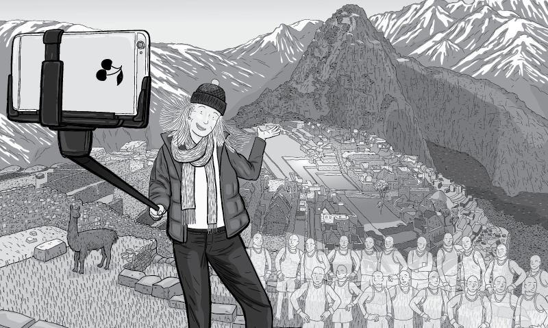 Cartoon tourist using selfie stick to take a selfie at Machu Picchu. 