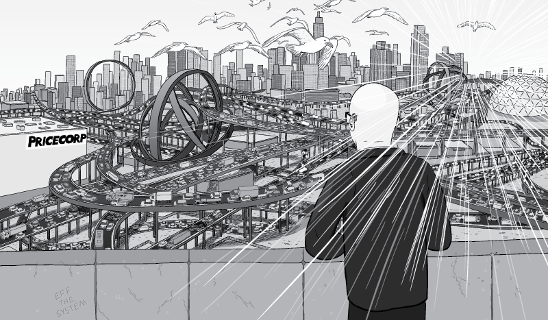 Buckminster Fuller looking out over cartoon city, featuring network of freeways. Exaggerated cluttered freeway flyovers knotted, with loop-the-loops.