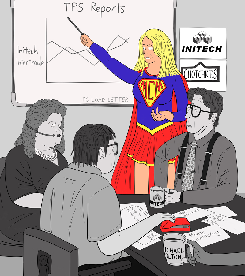 Cartoon cosplay Supergirl giving a presentation at a flip chart in an office meeting. Other people dressed as Office Space film characters: Bill Lumbergh, Milton Waddams, Nina.