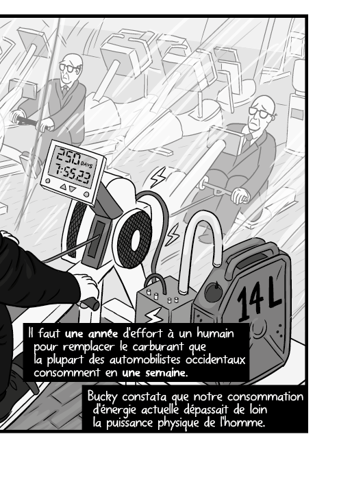 Il faut une année d'effort à un humain pour remplacer le carburant que la plupart des automobilistes occidentaux consomment en une semaine. Bucky constata que notre consommation d'énergie actuelle dépassait de loin la puissance physique de l'homme.