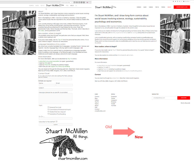 stuartmcmillen.com website redesign: About Stuart comparison (most recent versus new)