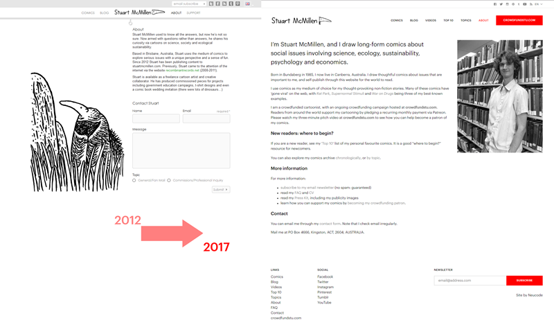 stuartmcmillen.com website redesign: About Stuart comparison (original version versus new)