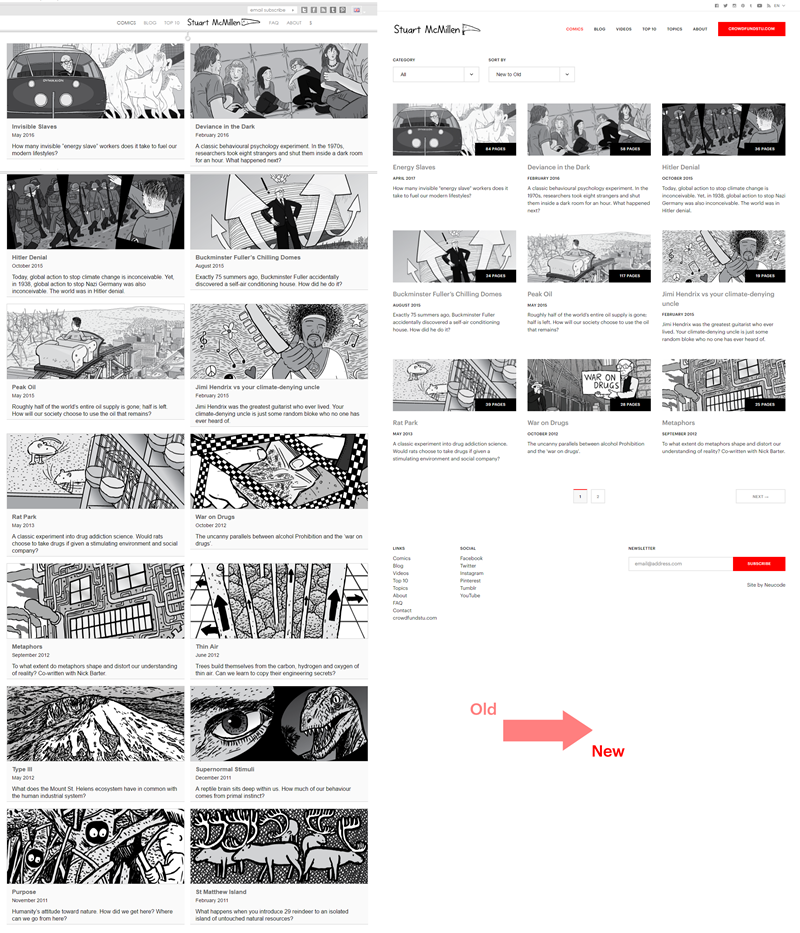 stuartmcmillen.com website redesign: comics archive comparison
