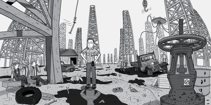 Cartoon man standing in oil fields with hands on hips. View between oil derricks in desert oil fields, between pumpjacks cartoon.