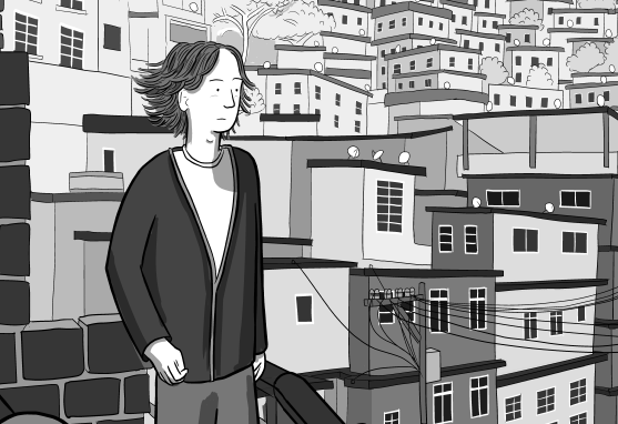 Cartoon illustration of Stuart McMillen looking towards horizon across cityscape