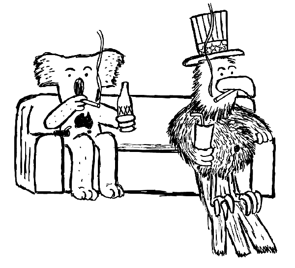Cartoon koala and eagle sitting on couch. Smoking cigarettes, drinking beer and watching TV. Sedentary Australian and American lifestyles.