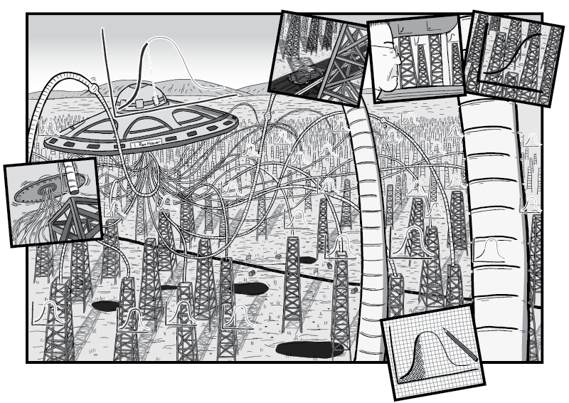 High angle view of oil field, with UFO hovering with pipes sucking up petroleum from the oil derricks.