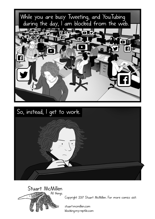 Office full of people distracted by smartphones and internet addiction. While you are busy Tweeting, and YouTubing during the day, I am blocked from the web. So, instead, I get to work.