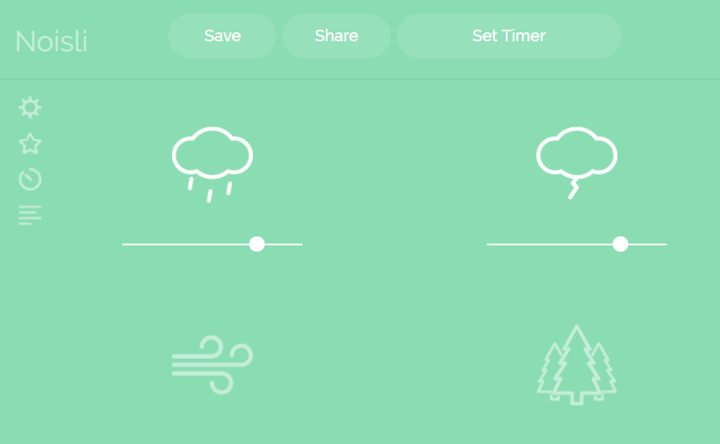 Noisli ambient soundscape generator - rainfall, thunder, wind, forest sounds.