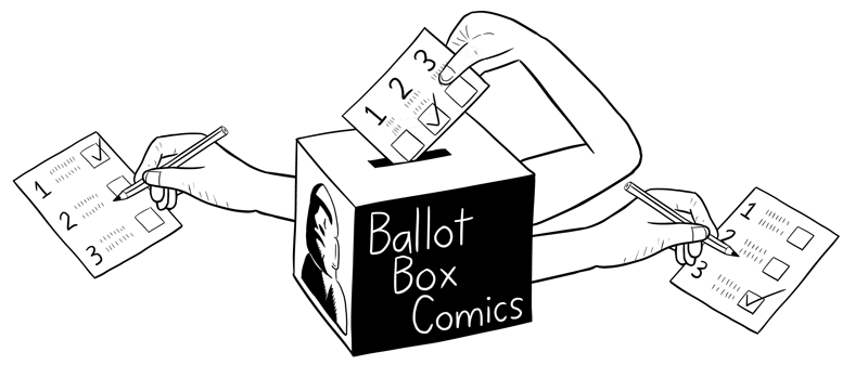 Ballot Box Comics logo - with one arm. Cartoon of ballot box placing a vote into its slot.