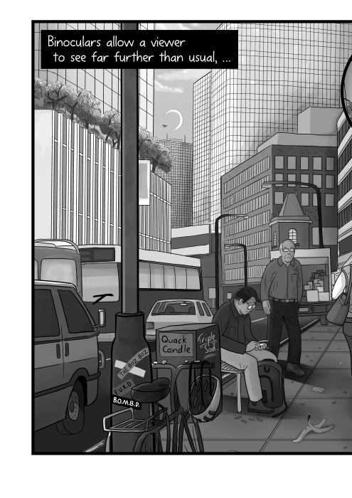 Shady downtown street scene cartoon. Lamp posts, traffic, office towers. Binoculars allow a viewer to see far further than usual, …
