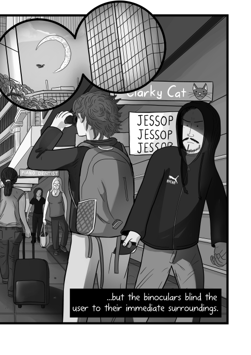 Man being pickpocketed by another man with hoodie cartoon. ...but the binoculars blind the user to their immediate surroundings.