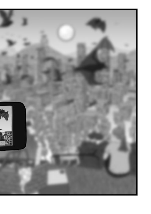 Blurry black and white cartoon of landscape looking over city from hill lookout.