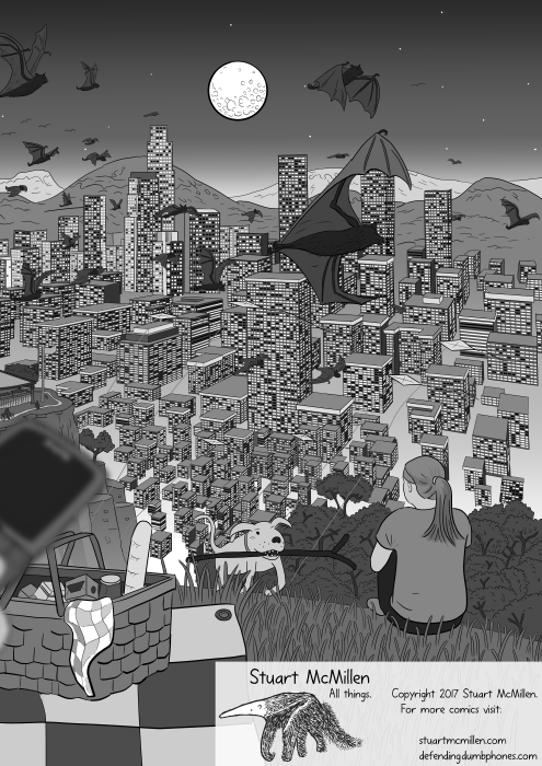 Detailed cartoon scene of city skyscrapers at night, viewed from hilltop with flying foxes flying through air above city, with moon in the background.