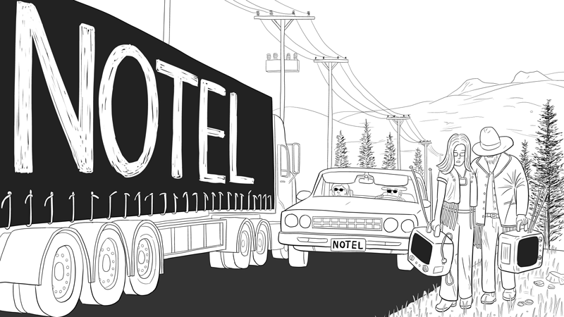 Notel comic page 1, draft version with truck passing car on road