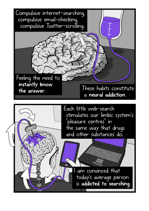 Drawing of Needle and drip bag going directly into brain. Compulsive internet-searching, compulsive email-checking, compulsive Twitter-scrolling. Feeling the need to instantly know the answer. These habits constitute a neural addiction. Each little web-search stimulates our limbic system's 