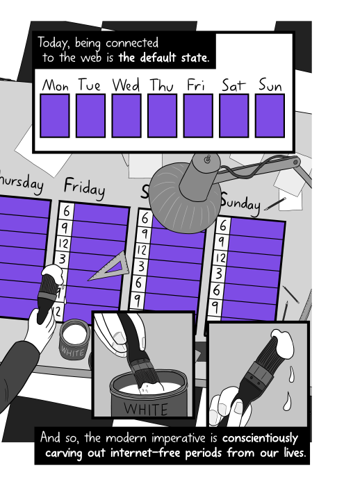 Construction materials on drafting desk, viewed from high angle. Today, being connected to the web is the default state. And so, the modern imperative is conscientiously carving out internet-free periods from our lives.