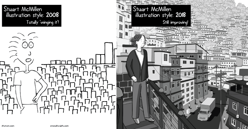 Stuart McMillen: cartoon comparison of a self-taught cartoonist. A basic scene of a man standing in front of a city skyline.