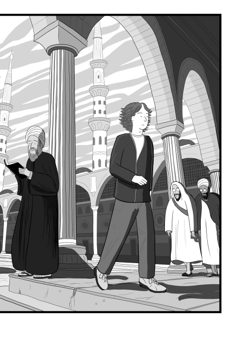 Cartoon Stuart McMillen walking through a Muslim temple, with men in traditional dress and minarets in background.